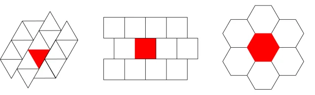 Three regular polygon tilings: squares, triangles, and hexagons